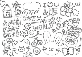 Obraz premium Cute outlines of bunny, teddy bear, cherry, butterfly, gift box, home for kid colouring book, art, painting, sketch, cartoon character, font, women empowerment, sticker, cute patches, easter, animals