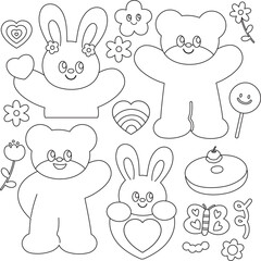 Outlines of teddy bear, bunny, flower, heart, donut, cake, candy for kid colouring book, art, painting, sketch, cartoon character, comic, mascot, animals, zoo, floral, patches, easter, sweet dessert
