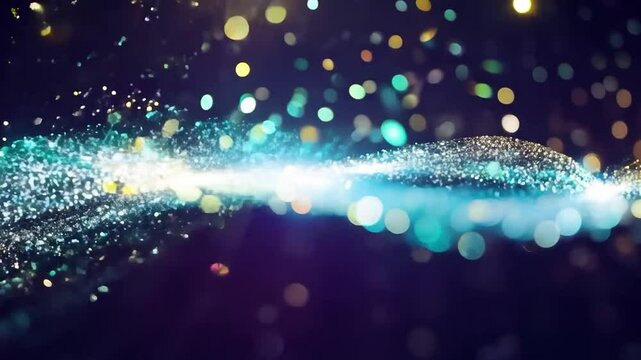 A background of glittering particles in a wave motion with soft bokeh.