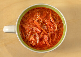 Borsch in a bowl on a wooden background. Traditional Ukrainian Russian soup. Top view.