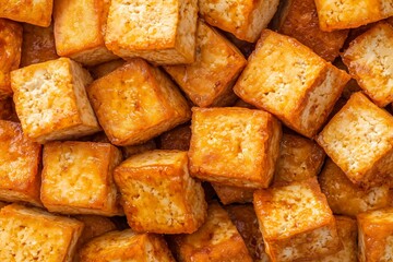 Golden-Brown Fried Tofu Cubes in a Close-Up Pile, Showcasing Crispy Texture and Appetizing Appearance. Perfect for Vegan Recipes, Snack Ads, or Asian Cuisine Articles