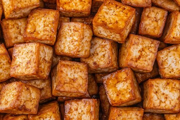 Fried Tofu Cubes Piled Together in Close-Up, Highlighting Crunchy Texture and Golden Hues. Great for Cooking Guides, Asian Street Food Features, or Snack Recipes