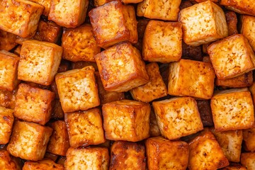 Golden Fried Tofu Pile Captured in Close-Up, Showcasing Crunchy Exterior and Irresistible Texture. Perfect for Culinary Photography, Plant-Based Cuisine, or Menu Designs