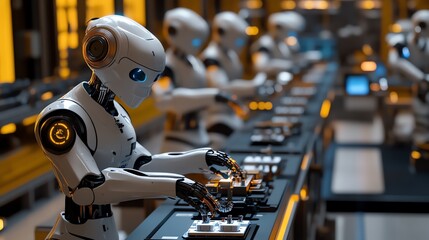 Fototapeta premium Advanced robots working in a futuristic factory.