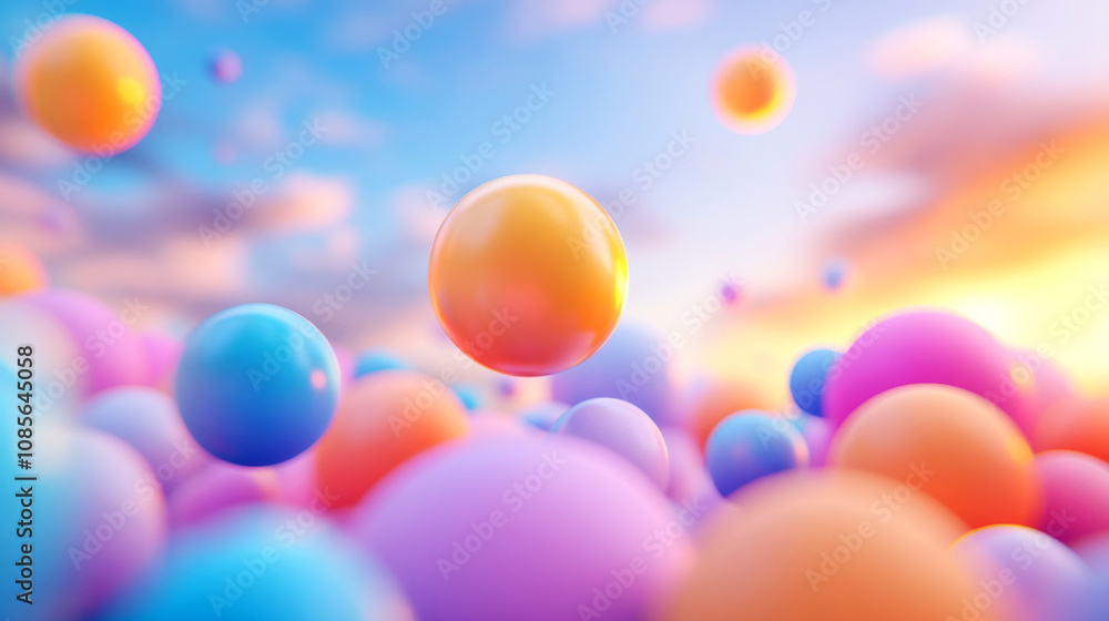 Poster colorful 3d spheres floating in a dreamy sky with soft clouds and a sunset background, creating a vi