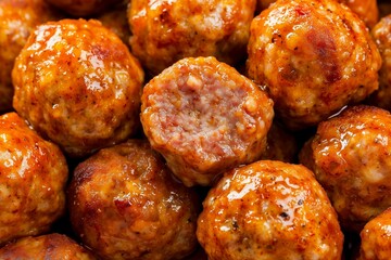 Delicious Pile of Spicy Sausage Meatballs, Captured in a Close-Up to Emphasize Richness and Texture. Ideal for Recipe Websites, Social Media Food Content, or Catering Promotions