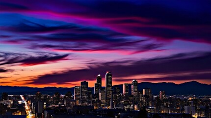 Obraz premium city ​​skyline view at dusk with dramatic sky