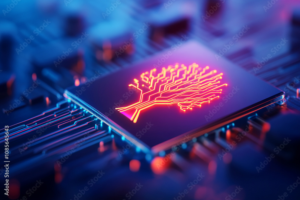 Poster abstract representation of a tree simulated on a microchip, showcasing the intersection of nature an