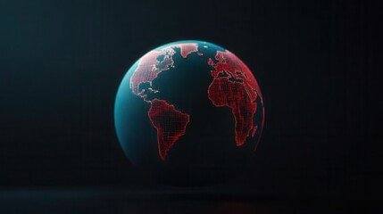 3D Render of Digital Globe with Red Wireframe Outline on Black Background Representing Global Connectivity and Network Technology