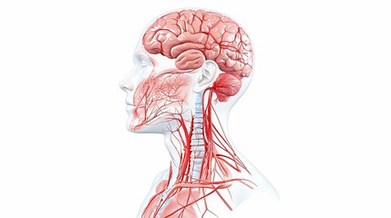 Human anatomy, neck. A detailed anatomical illustration of the human brain and facial blood vessels, showcasing the intricate network of arteries and veins.