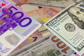 Banknotes of the single European currency EURO and the US dollar. Cash. Financial concept.