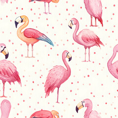 Obraz premium watercolor tropical birds seamless pattern, flamingos, and toucans, sparkling texture, pastels, wall paper, vintage, on paper, texture