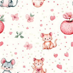 watercolor pets, cute cats and mouse, pastels wall paper seamless pattern, soft and dreamy, vintage, on soft polka dot paper