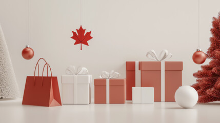 Festive Canadian Boxing Day setting featuring gift boxes adorned with maple leaf accents and holiday decorations for 2023