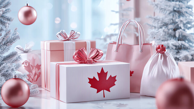 Festive Boxing Day celebration in Canada featuring gift boxes adorned with the maple leaf and holiday decorations
