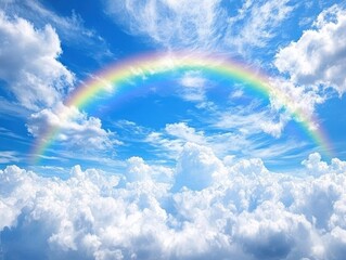 Rainbow arching over clouds in a blue sky, creating a magical, heavenly scene