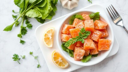 Fresh Salmon Cubes with Lemon and Herbs: Perfect for Healthy Meals, Salads, or Sushi