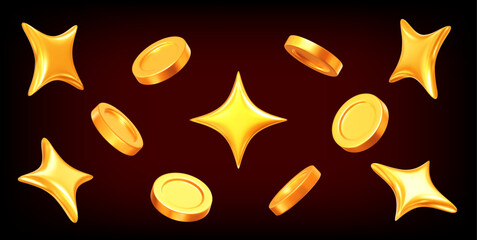 3d golden sparkle stars and coin set. Stock vector illustration on black isolated background.	
