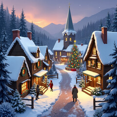 Fototapeta premium Snow-Covered Christmas Village: Twinkling Lights, Cozy Cottages, Market Square, Grand Tree, and Falling Snow