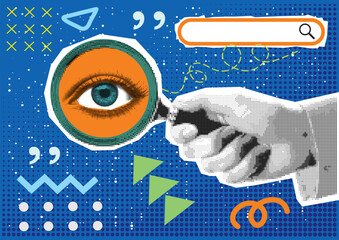Collage on the theme of seo. Modern elements with a hand holding a magnifying glass. Trendy shapes. Vector blue background.