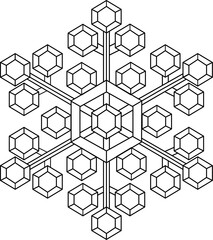 A symmetrical snowflake-like geometric design with a central pentagon surrounded by smaller pentagons, connected by branch-like lines, forming a 3D crystal-like pattern
