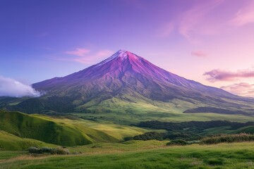Foggy mountain forest scene with wide-angle perspective. Beautiful simple AI generated image