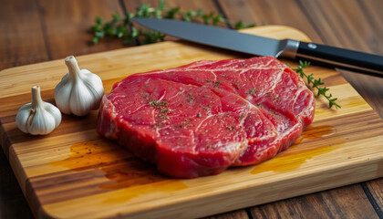 Fresh piece of meat, steak on a wooden board prepared for cooking, top view. Flatlay.