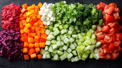Fresh vegetables arranged in vibrant colors, including red cabbage, carrots, cucumbers, broccoli, and tomatoes, creating healthy and appetizing display