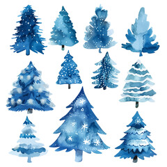 A watercolor drawing of a set of blue and silver Christmas tree decorations, isolated on a white background. Set of blue and silver Christmas tree vector.