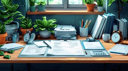 Home office desk with paperwork, plants, and supplies near window.