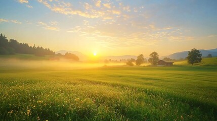 Obraz premium Serene Sunrise Over Lush Green Fields and Misty Hills