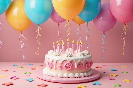 Colorful birthday celebration with cake and balloons on pastel background.