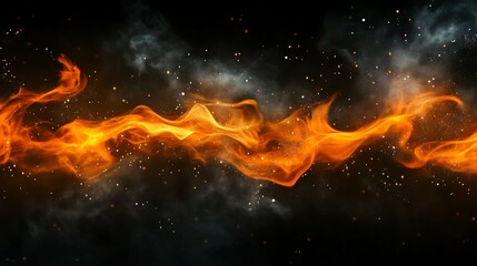 Dynamic Fire and Smoke Abstract Art on Black Background with Swirling Bright Orange and Yellow Flames and White Dots.