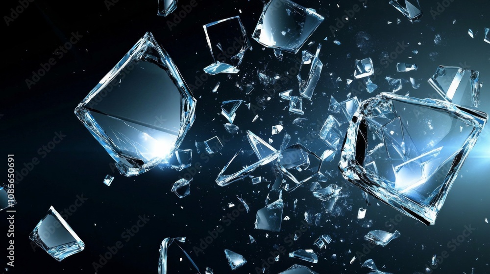 Poster chaotic and dynamic scene of broken glass shards on dark blue background, varying in size and shape,