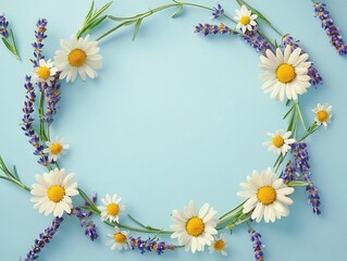 Obraz premium Floral Wreath Frame with Daisies and Lavender on Soft Blue Background