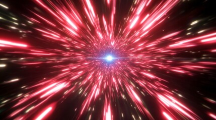 Obraz premium Vibrant Burst of Red and Pink Light Rays in Radial Pattern on Black Background with Blue Focal Point