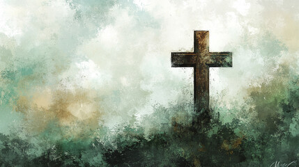 Fototapeta premium simple white cross stands against a minimalistic bright light background, symbolizing faith, hope, and spirituality, with a clean, modern aesthetic emphasizing purity and enlightenment