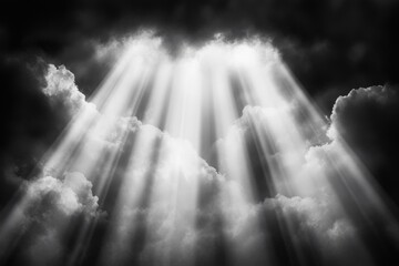 Dramatic Black and White Photo With Bright Light Shining Through Clouds Creating Radiating Light Rays