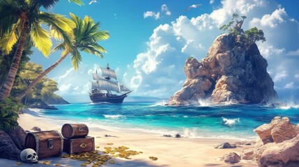 Fototapeta premium Serene tropical beach illustration with pirate ship, treasure chests, palm trees, rocks, and crystal turquoise water.