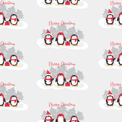 Fototapeta premium A seamless pattern featuring cute Christmas penguins with festive accessories, ideal for fabric prints, gift wrap, and holiday-themed designs.