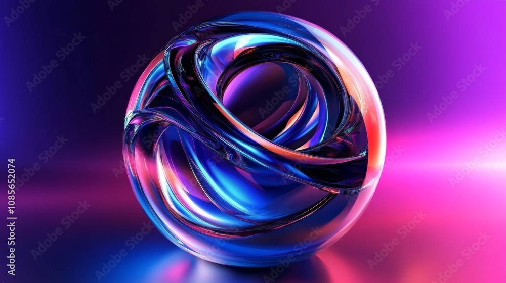 Poster 3d spherical glass object with rainbow-like effect on gradient background - futuristic digital art