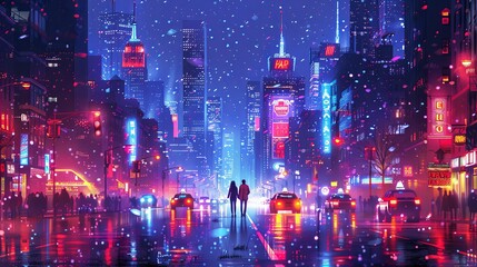 Fototapeta premium In the heart of a bustling city, neon lights flicker, and the streets are alive with movement. A young couple walks hand-in-hand down a vibrant street lined with food trucks, street performers, and ou