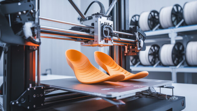 A close-up of a 3D printer creating bright orange ergonomic shoe insoles in a modern workshop, highlighting innovation in footwear design.