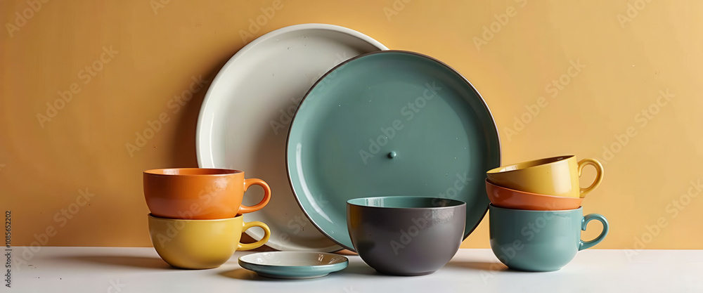 Poster a collection of plates and bowls with a brown and green color scheme. the plates and bowls are arran