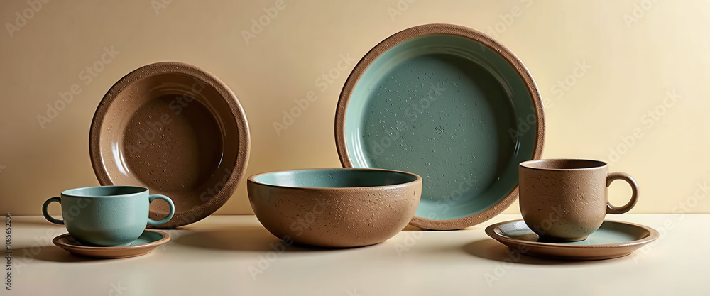 Poster a collection of plates and bowls with a brown and green color scheme. the plates and bowls are arran