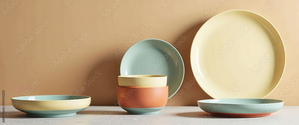 Poster a collection of plates and bowls with a brown and green color scheme. the plates and bowls are arran