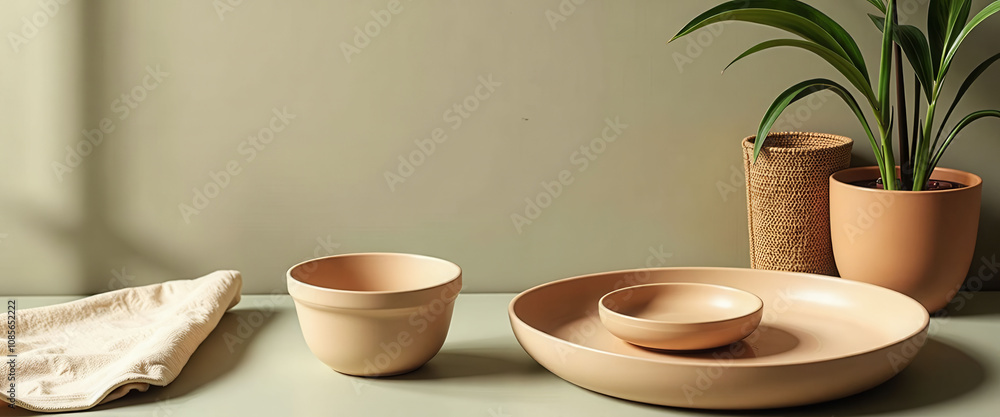 Poster a collection of plates and bowls with a brown and green color scheme. the plates and bowls are arran