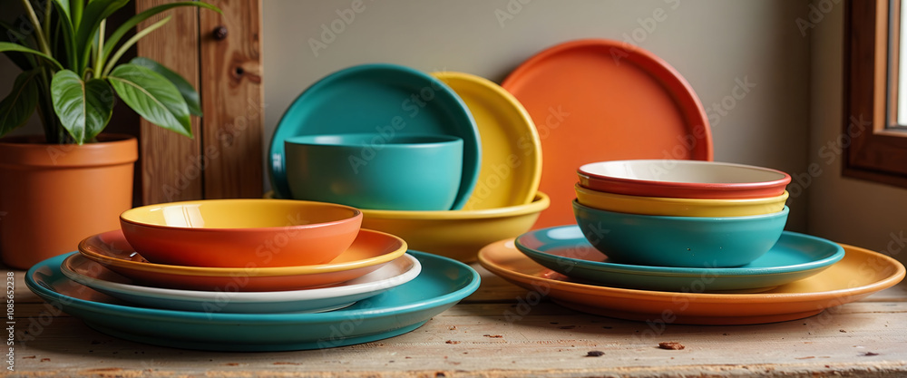 Poster a colorful set of plates and bowls are displayed on a wooden table. the table is surrounded by a pot