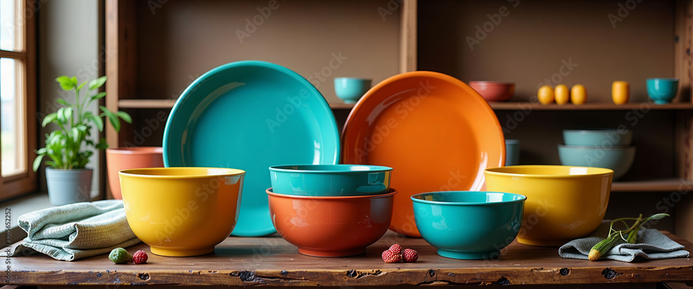 Poster a colorful set of plates and bowls are displayed on a wooden table. the table is surrounded by a pot