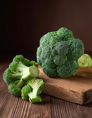 Fresh broccoli still life on wooden table